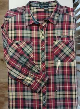 Sandra Ingrish Distressed Burgundy Plaid Button-up Blouse XL bleach grunge coton